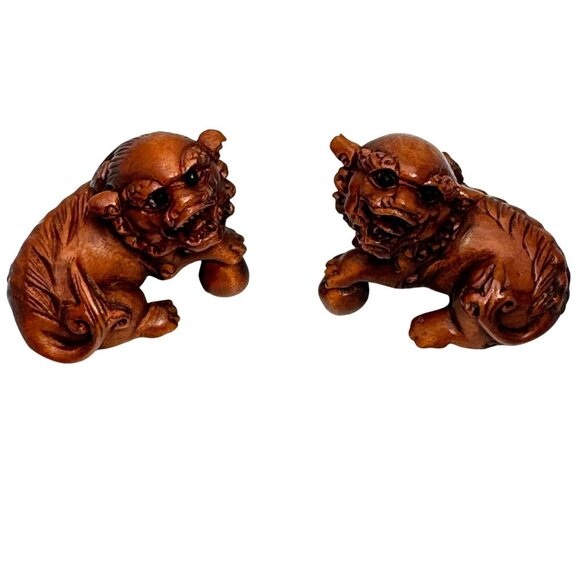 Ojime Netsuke 2 Foo Dog Lion Figurines Hand-Carved Boxwood Signed No Hole #2.3
